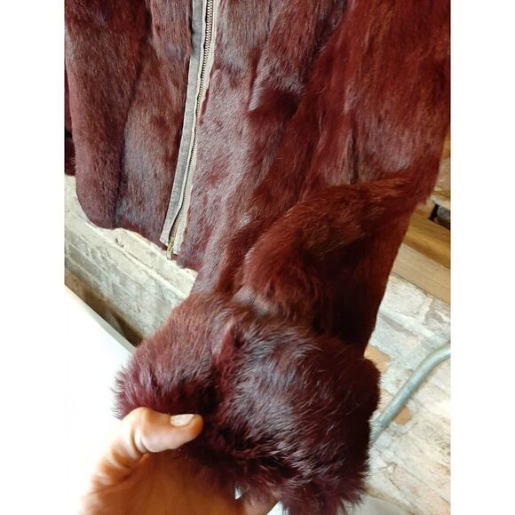Rabbit Fur Zip Up Coat Deep Red - Picture 4 of 9